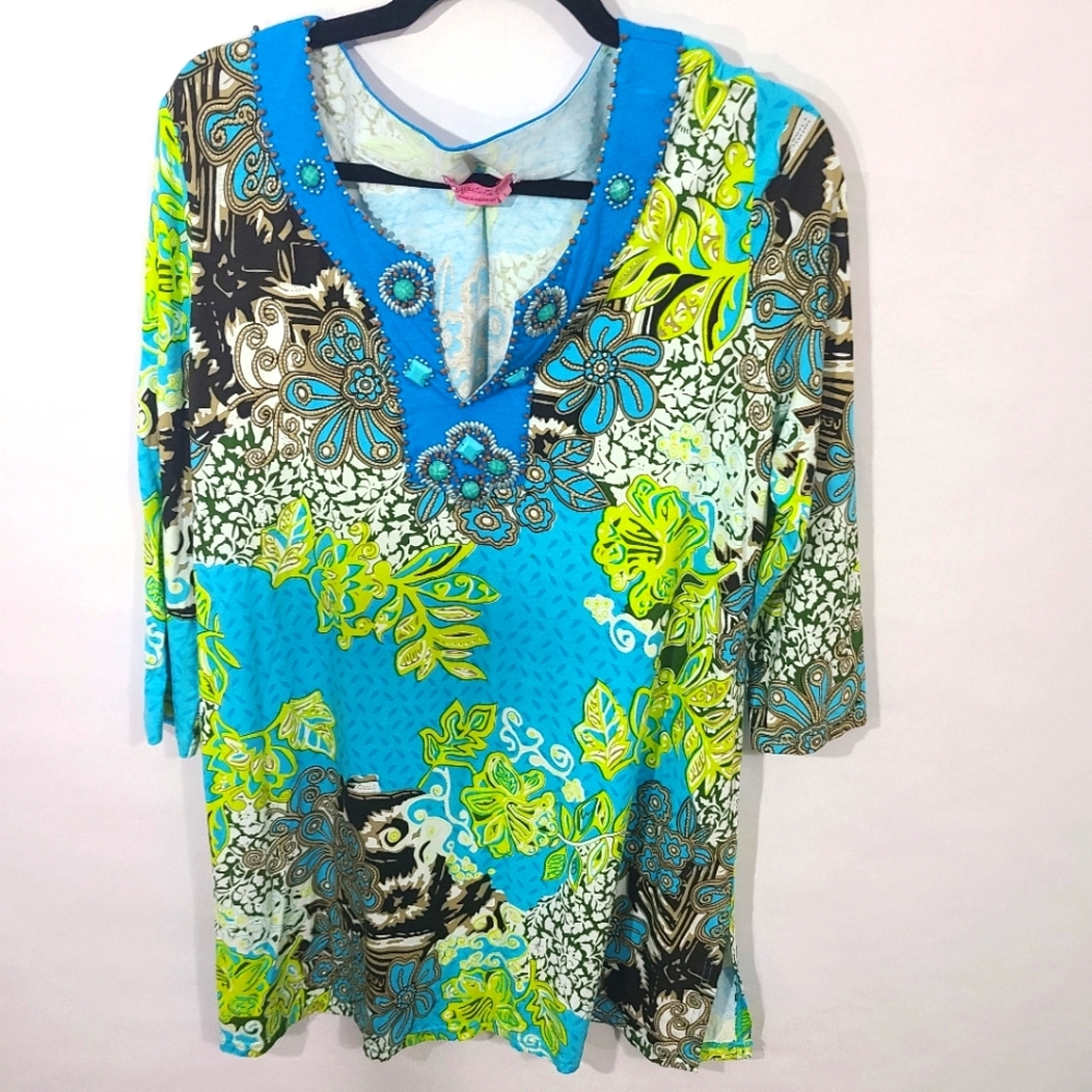 Joyous & Free‎ Women's Size Large Multicolor Embellished Tunic V-Neck 3/4 Sleeve